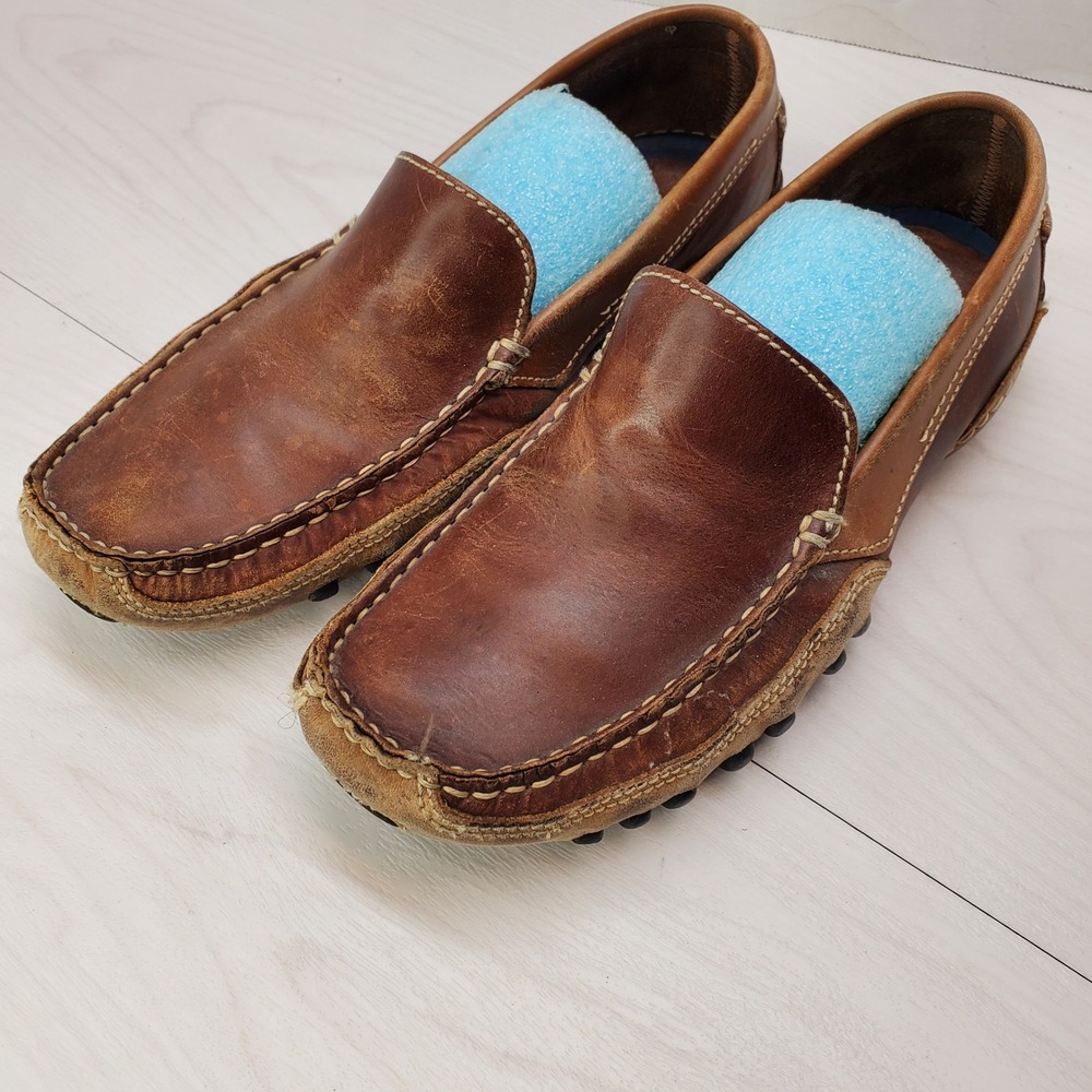 St Johns Bay Mens Brown Leather Driving Loafers Slip-On Shoes 8.5 D Mocs Travel